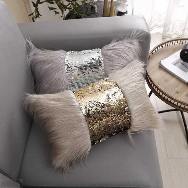 Housse de coussin en fourrure de luxe à paillettes, 30x50cm, pour canapé, décoration de salon, argent et or, taie d'oreiller