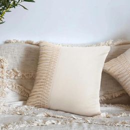 Kussen eenvoudige katoenen linnen beige deksel kwastjes kussensloop sofa vaste gewone kleur lumbaal voor backresrt