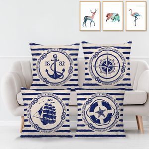 Housse de coussin série bleu foncé Simple, taie d'oreiller en lin à motif nautique, décoration de maison