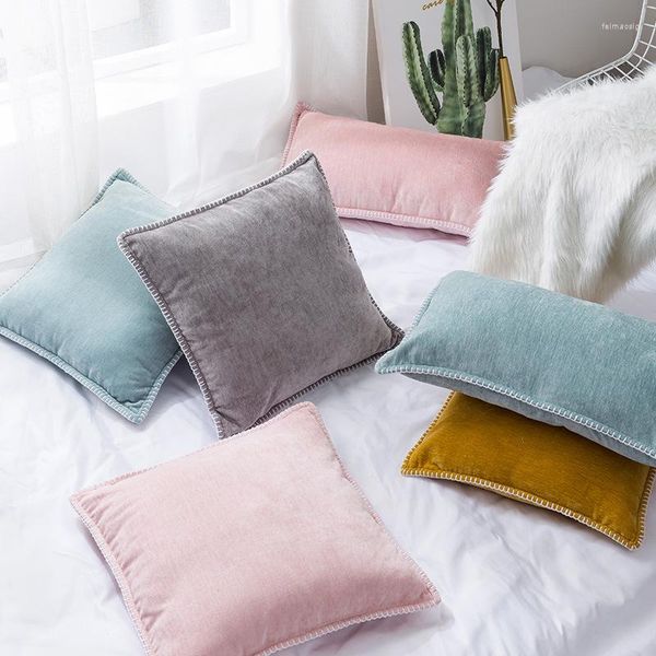 Funda de almohada de chenilla suave rosa gris mostaza amarillo flecos funda sólida para decoración del hogar sofá cama 45x45cm
