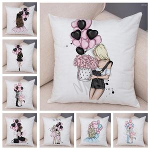 Housse de coussin en peluche douce, taie d'oreiller imprimée de fille de dessin animé mignon, décor de ballon rose, je t'aime, étui pour canapé, maison, 45x45cm