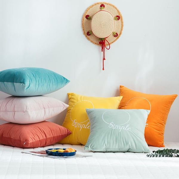 Oreiller doux velours couverture gelée couleur brodé Simple rose Orange jaune maison décorative pour canapé lit 45x45 cm