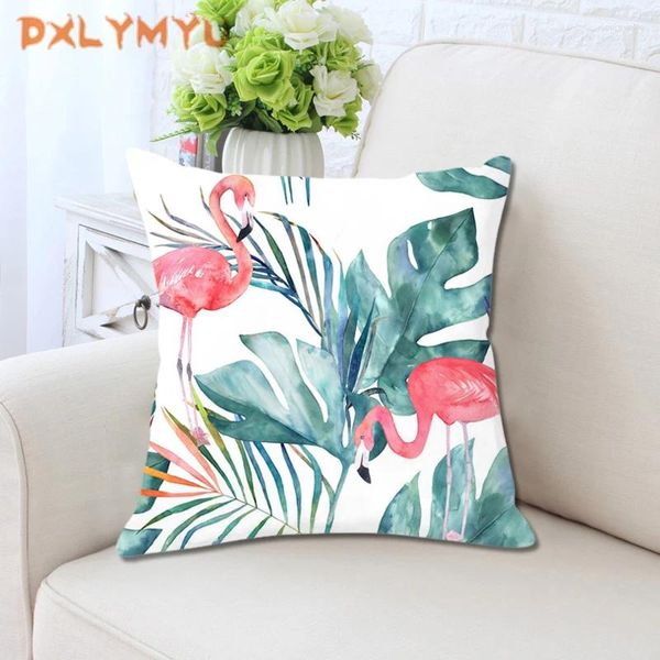 Pillow cuadrado funda de almohada de flamenco hojas de planta tropical cubierta de peluche para decoración de sofá