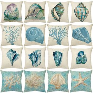 Kussen zomerstijl deksel 45x45cm koraalconch shell decoratief linnen gooi zeedrukken print huis kussencases