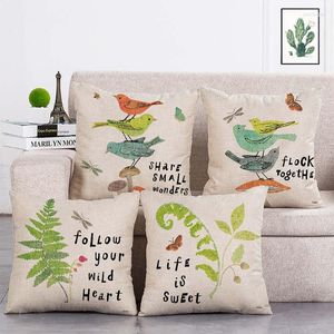 Kussen zoete leven paddestoel vogel planten print cover linnen gooi auto home decoratie decoratieve kussensloop T391