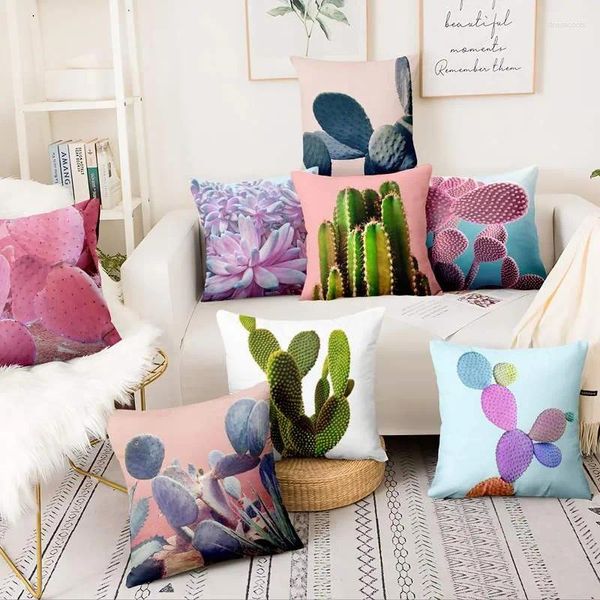 Oreiller doux succulents imprimé taie d'oreiller lin lin rose Cactus oreillers décoratifs décor à la maison canapé jeter étui 17 17 pouces