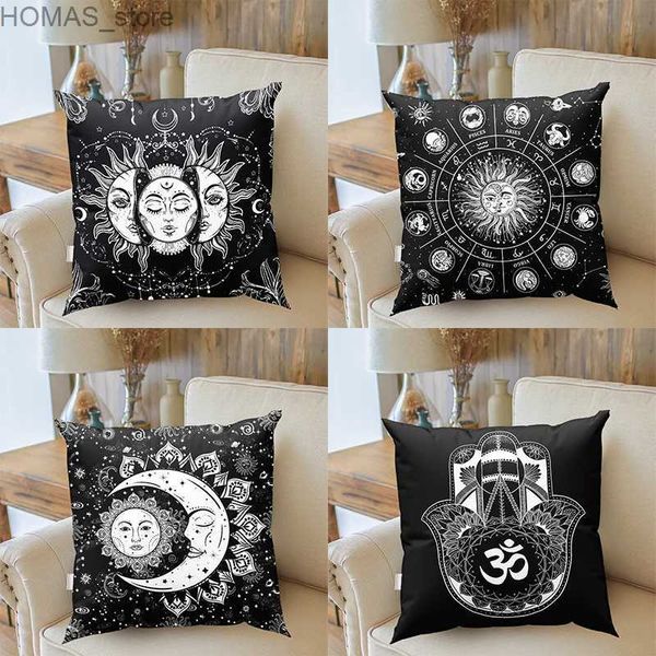 Almohada Tarot Tarjeta Sun Moon Estrellas en blanco y negro Mandala estampado Misterio Decoración Decoración Sofá Decoración del hogar Cubierta de cojín Y240401