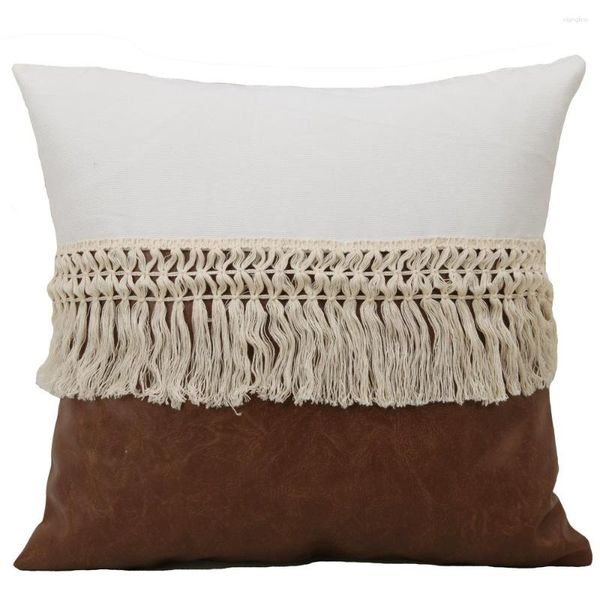 Almohada borla diseño de varias telas con cuero sofá hogar estilo bohemio funda decorativa para almohada para sala de estar funda de almohada