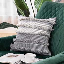 Almohada almohada de borla de la caja geométrica gris cubierta decorativa de tejido de algodón para silla de sofá ropa de cama decoraciones para el hogar