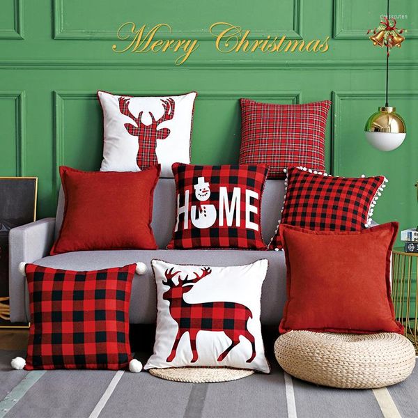 Oreiller Épais En Peluche Plaid Décoration De Noël Couverture 45 45 cm Elk Taie D'oreiller Petite Boule Dentelle Chaise Canapé Lit De Voiture Rouge