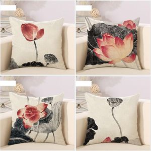 Almohada Tradicional Tinta China Pintura Lotus Sofá Tiro Funda de almohada Decorar Retro Cubierta de lino Capas de Almofada / Decorativo