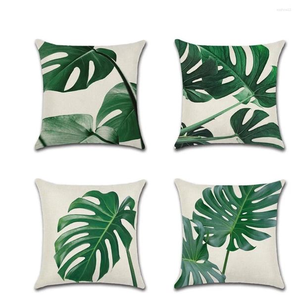 Almohada hoja verde tropical cubierta de estampado fresco y elegante lino