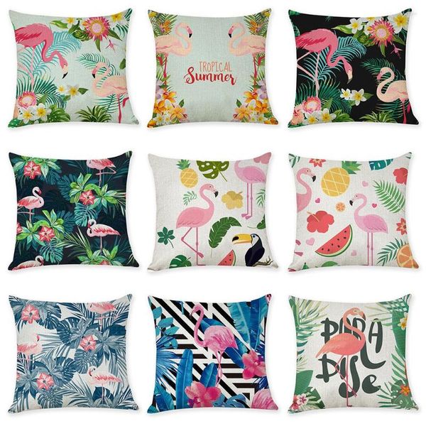 Funda de almohada de lino y algodón con diseño de flamenco y planta Tropical, funda decorativa para el hogar y la Oficina