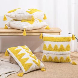 Housse d'oreiller touffetée, 45 glands, jaune brodé, décoration nordique pour salon, étui de canapé