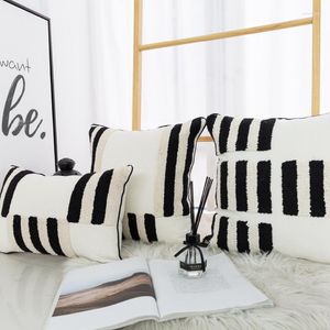 Kussen getuft kwastje word zwarte witte strepen deksels decor 45x45 cm decoratieve kussens voor woonkamer bed ritssluiting open