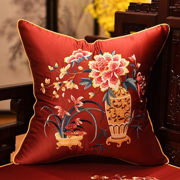Jarrón de almohada con flores bordadas, fundas chinas clásicas, fundas de almohada de cintura roja y amarilla, decoración Floral para sofá y hogar