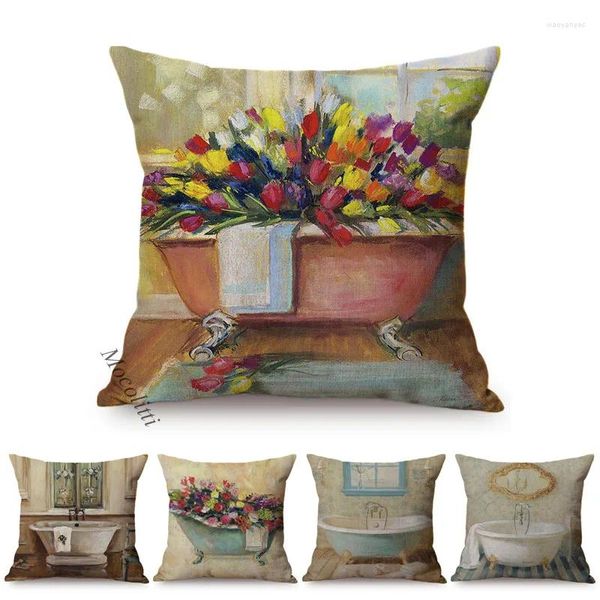 Oreiller victorien baignoire Bouquet peinture à l'huile Art décoration de la maison canapé coussins couverture coton lin classique chambre