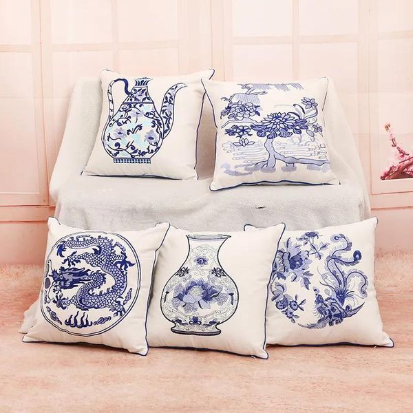 Oreiller Vintage Style chinois housse de coussin coton lin bleu et blanc taie d'oreiller en porcelaine pour canapé voiture maison oreillers décoratifs cas