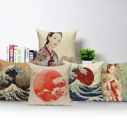 Oreiller Cover décoratif vintage de style japonais ondes de mer décor de couverture de lever de soleil pour la maison de canapé personnalisé.