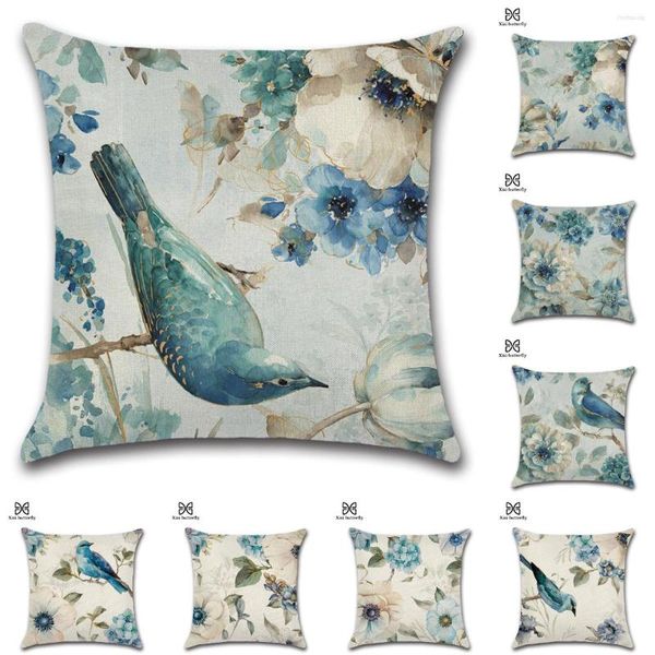 Oreiller Vintage lin peint à la main oiseaux bleu d'eau taie d'oreiller florale rétro impression canapé canapé coussins Cojines Decorativos Para