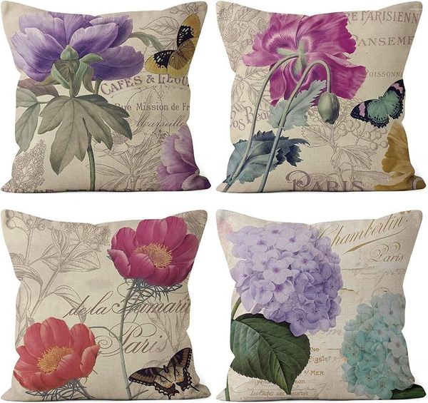 Housse de coussin Vintage en lin à fleurs violettes, taie d'oreiller pour voiture, salon, canapé, chambre à coucher, décoration de la maison, 40x40, 45x45, 50x50, 60x60