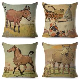 Oreiller Vintage Style ferme Animal couverture pour enfants chambre canapé décor à la maison mignon dessin animé cheval Lion Case Polyester taie d'oreiller
