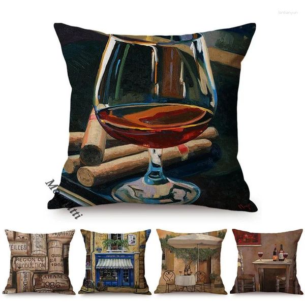 Almohada vino vintage brandy culturismo de licor arte de pintura al óleo de sofá estampado de almohadas de sofá cartera de la ciudad del bar de la ciudad cubierta s portada