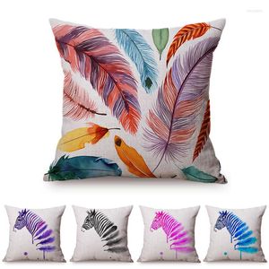 Oreiller aquarelle décoration canapé jeter étui rose Violet plume Design zèbre afrique Prairie Animal coton lin couverture