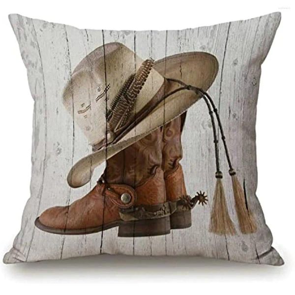 Oreiller les bottes de cowboy occidentales jetez la maison de la ferme américaine de la ferme gris rustique en bois décorant de couverture décorative