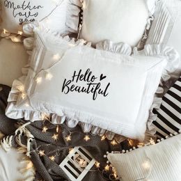 Almohada almohadas blancas 48x74 funda de algodón moda palabras negras HOLA BELLEZA bordado habitación de niña decoraciones elegantes para el hogar