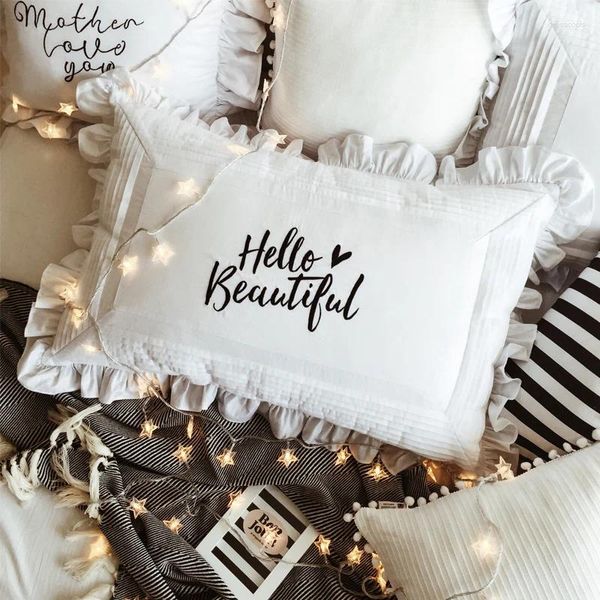 Almohada almohadas blancas 48x74 funda de algodón moda palabras negras HOLA BELLEZA bordado habitación de niña decoraciones elegantes para el hogar