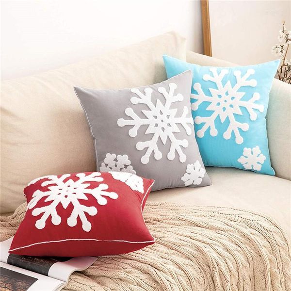 Almohada Copo de nieve blanco Sofá S Bordado 45x45 cm Simple Gris Azul Rojo Café Funda de almohada Hogar Sala de estar Decoración navideña