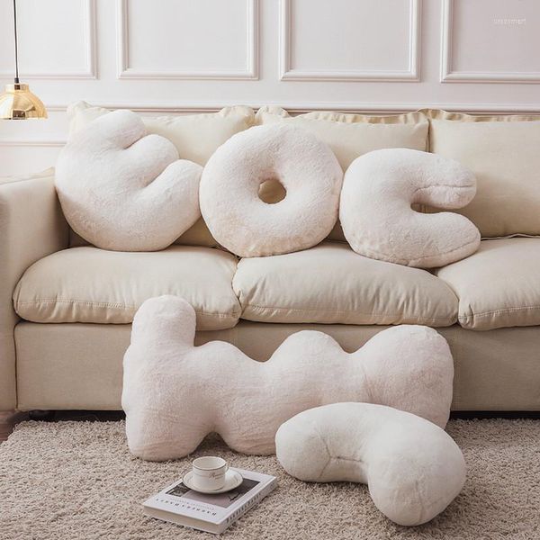 Almohada blanca de felpa suave para decoración del hogar, almohadas decorativas con letras en forma de amor Kawaii para sofá, silla, asiento, accesorios decorativos Gif