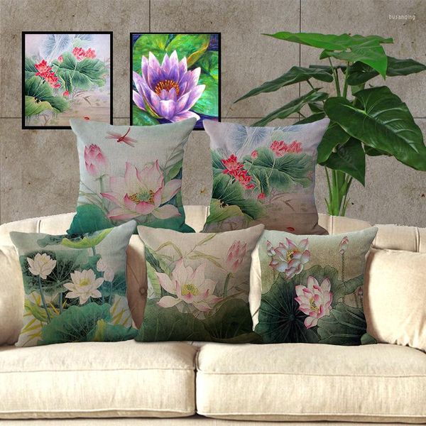 Oreiller prix de gros Lotus série peinture siège décoratif décor à la maison canapé chaise coussins Case 1 pieceX45 45cm P1003