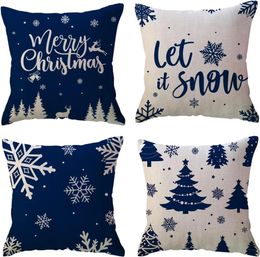 Oreiller de décoration de vacances d'hiver couverture bleu arbre de flocon de neige joyeux noël coussin adapté au porche canapé 231118