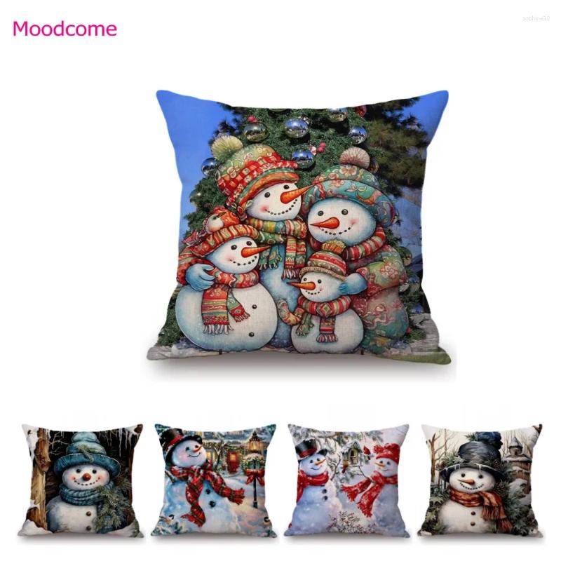 Kudde vinter snögubbe juldekoration konst söt soffa kast fall xmas år fest dekorativ bomullslinne