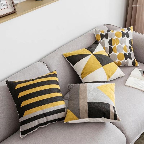 Almohada amarilla 18x18 cubierta gris/blanca triangricy triangric círculo círculo de algodón bordado de 45x45 cm decoración del hogar