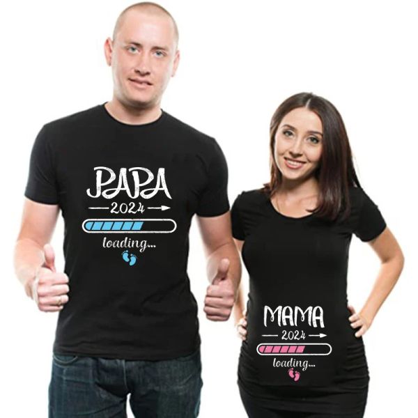 Almohadas 2024 nueva pareja camiseta lindo papá+mamá+bebé estampado negro anuncio de embarazo tops tee pareja camiseta embarazada