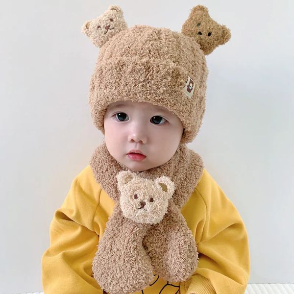 Cuscini 6M 5Y Bambino neonato Bambino Neonate Ragazzi Cappello caldo Simpatico orso Stampa Peluche Gatti Sciarpa Abiti morbidi 231030