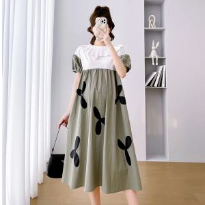 Kussens Fashion Block Color Patchwork Geplooed Peter Pan Kraag Zwangerschap Aline Dress Puff Sleeve Hoge taille Zwangere vrouw Vrouwelijke jurk