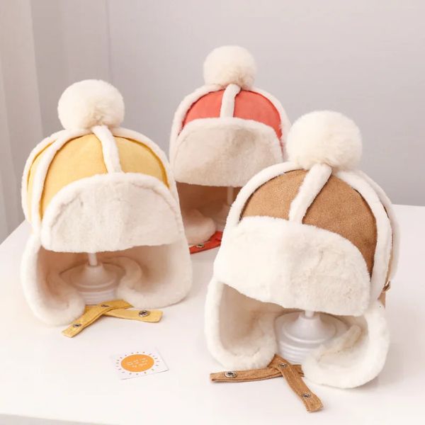 Oreillers Chapeau de bébé en fourrure pour filles garçons doublure en peluche hiver enfants casquette avec oreillette ski coupe-vent bonnet bonnet pour bébé 1 4 ans 231031