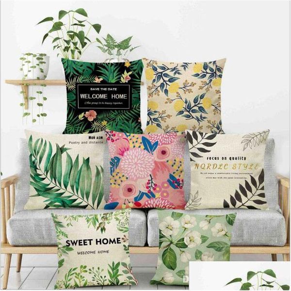 Almohadas Hojas de la selva tropical África Plantas tropicales Hibiscus Flower Throw Funda de almohada de lino Silla Sofá Cojín Er Drop Delivery Baby Ki Dhe7S