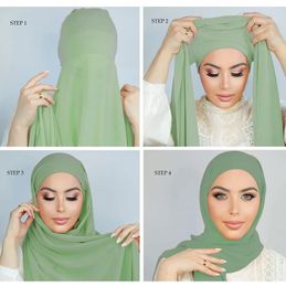 Écharpe de hijab en mousseline de soie sans épingle avec des femmes musulmanes Hijabs avec des capuchons intérieurs Caps Caps Islam Muslim Headscarf 240403