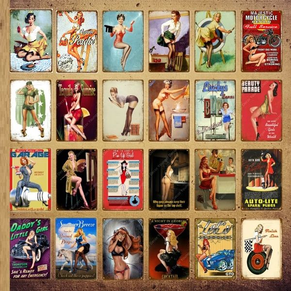 Pin Up Poster Sexy Girl Metal Tin Sign Pin Up Girl Decor Vintage Cartoon Bikini Art Wall Sticker Sexy Lady Bar Room Pub Club Man Cave Plate Home Wall Decor Taille 30X20CM w01