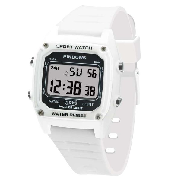PINDOWS Reloj deportivo digital para mujer, resistente al agua hasta 50 m, multifunción, con calendario LED de siete colores, reloj despertador, cronómetro, regalos para adolescentes