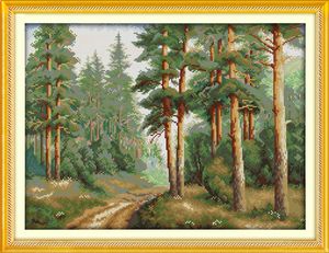 Peinture de décoration de maison de paysage de forêt de pins, ensembles de broderie au point de croix faits à la main, imprimés comptés sur toile DMC 14CT / 11CT