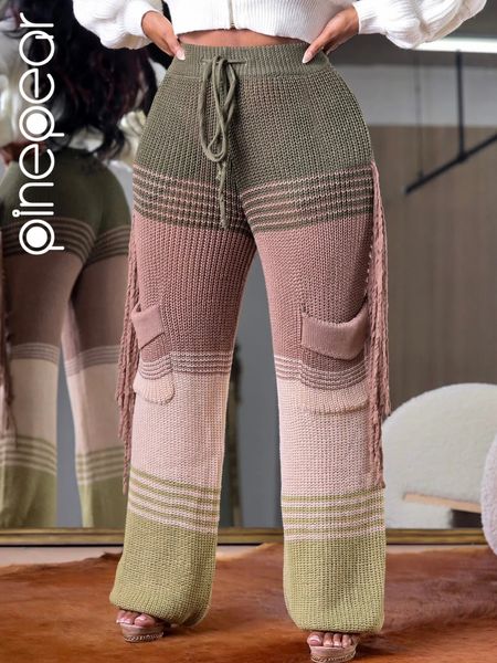 Pinepear automne hiver coloré crochet tassel tassel pantalon femmes POCHETS HEURES TAILLE FRENDES COFFORME LOBEUR PTANTEUR 240410