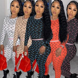 PinePear Perspective Mesh Crescent Moon Print O-Neck Full Sleeve Romper Skinny Catsuit FitnSet Sexy Sport Jumpsuit En Gros X0629