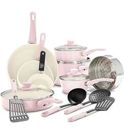 Rosa 16 piezas utensilios de cocina ollas sartenes set utensilios tapas cerámica antiadherente