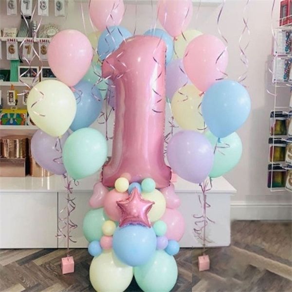 Pink 1st 2nd 3rd Number Balloon Pack Globos de látex Pastel Globos de aire Fiesta Cumpleaños Chica Decoración Evento Balon Y0622